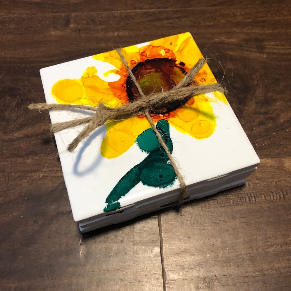 Set of Four Hand Painted Sunflower Coasters